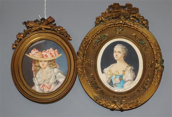 Two early 20th century French oil on ivory miniatures; Louise de Lorraine and another lady, 10 x 8cm. ormolu framed
